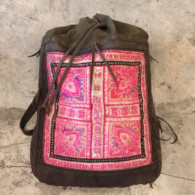 Olive Suede Backpack Embellished With Old Hmong Hill Tribe Handmade Textile