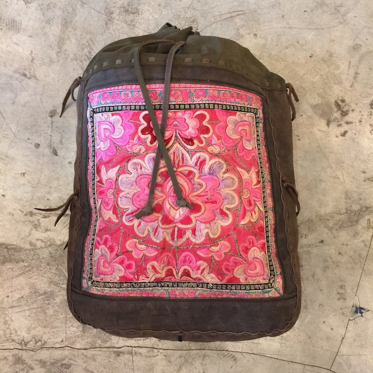 Olive Suede Backpack Embellished With Old Hmong Hill Tribe Handmade Textile
